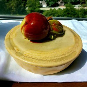 Vintage Sugar Bowl & a 3-d Apple & Leaves Lid California USA Drip Glaze Pottery
